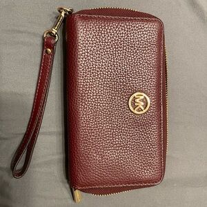 Michael Kors Maroon Leather Wristlet with Gold Accents